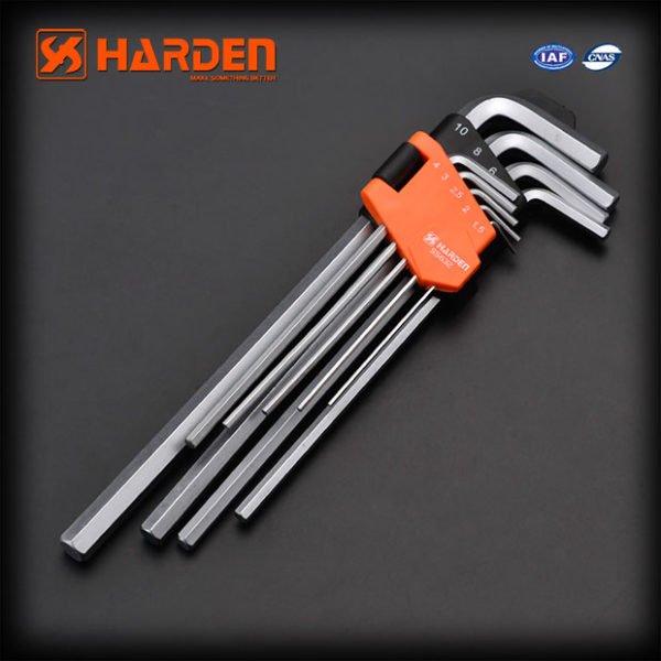 Collection of fastening tools including screws, nails, bolts, and 9pcs long hex key wrenches.
