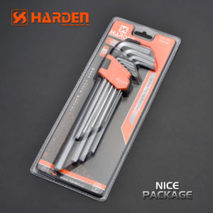 Assortment of fastening tools like screws, nails, bolts, and 9pcs long hex key wrenches neatly displayed.