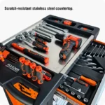 Organized metal 7 drawers roller cabinet tools set with labeled drawers, storing various tools efficiently.