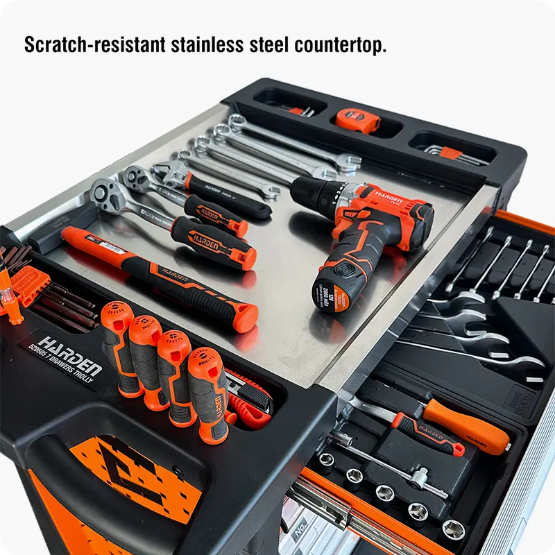 Organized metal 7 drawers roller cabinet tools set with labeled drawers, storing various tools efficiently.