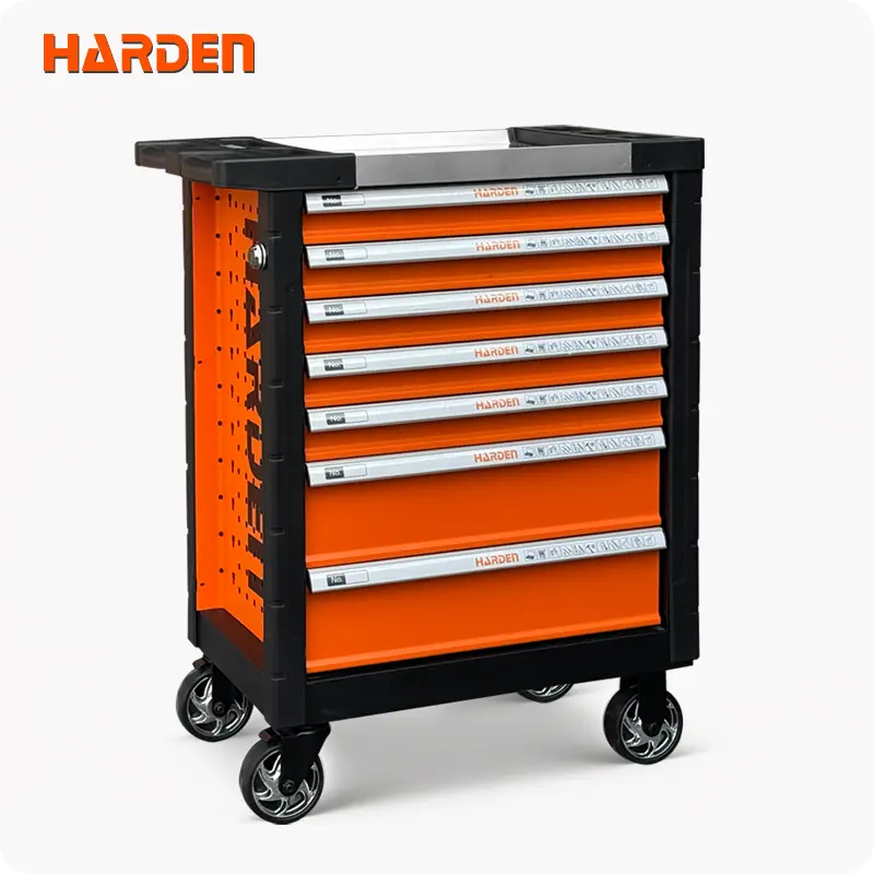 Neatly arranged 7 drawers roller cabinet tools -set with labeled drawers for easy access.