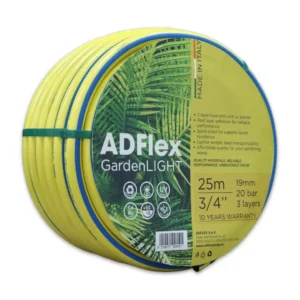 ADFlex Garden yellow hose, made in Italy, durable 3-layer design with a 15-year warranty for gardening.
