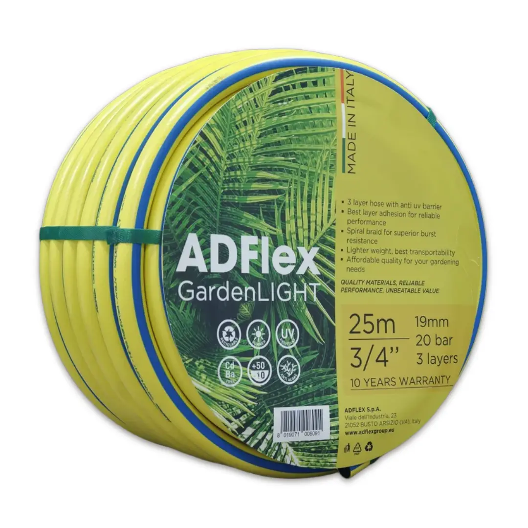 ADFLEX Yellow Hose 3-Layer 12-Year Warranty ADFlex Garden yellow hose, made in Italy, durable 3-layer design with a 15-year warranty for gardening.