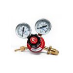 Acetylene gas regulator with dual pressure gauges and brass fittings, designed for welding applications.