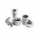 Aluminum camlock fittings set with various connectors and locking mechanisms for industrial applications.