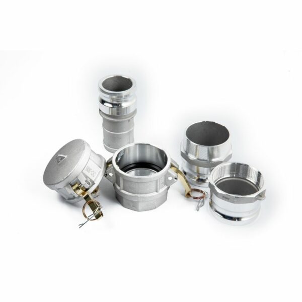 Aluminum camlock fittings set with various connectors and locking mechanisms for industrial applications.