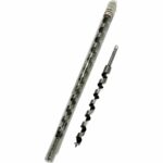Two auger drill bits, one in a transparent plastic case and the other exposed, designed for wood drilling.