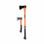Set of Century USA axes with orange fiberglass handles, durable design for chopping and outdoor tasks.