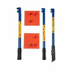 Two Tomax USA bar bending keys with rubber grips and two orange bending plates for construction use.