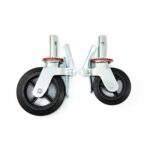 Black rubber scaffolding caster wheels with metal brackets and locking mechanism for secure mobility.