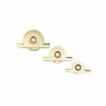 Set of three brass bracket pulleys with half support, designed for smooth movement in mechanical applications