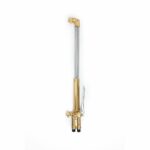 Brass cutting torch handle with dual control valves and a lever for gas welding and cutting.