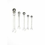 Set of chrome vanadium flexible ratcheting wrenches in various sizes, ideal for precision tightening.