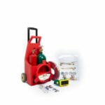 Portable welding kit with gas cylinders, hose, regulators, torch, and safety accessories in red cart.