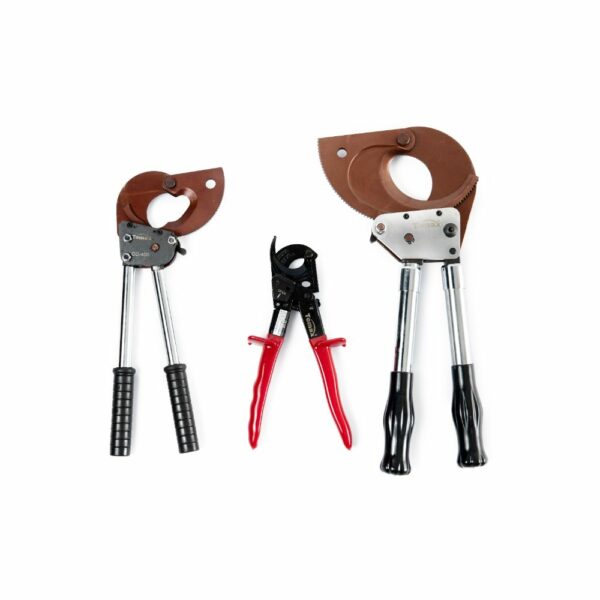 Set of ratchet cable cutters with ergonomic handles, designed for precision cutting of electrical cables.
