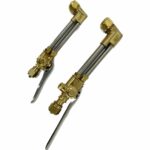 Two brass and steel torch handles with control valves and levers for gas welding and cutting.
