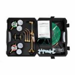 Oxygen and acetylene welding kit in a black case, includes regulators, torch, hoses, goggles, and accessories