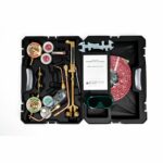Oxygen and acetylene welding kit in a black case, includes regulators, torch, hose, goggles, and accessories.
