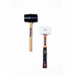 Century rubber mallets, black with wooden handle and white with ergonomic grip, for impact protection."