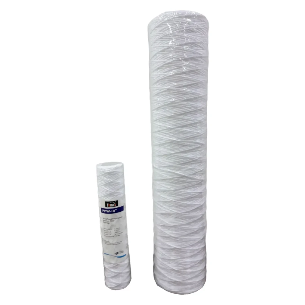 Set of white cotton string-wound water filter cartridges in different sizes for sediment filtration.