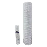 Set of white cotton string-wound water filter cartridges in different sizes for sediment filtration.