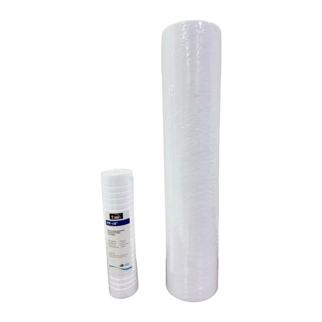 Two white foam water filter cartridges of different sizes, one labeled with product details