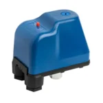 Blue low-pressure switch for pumps, designed for automatic water system control with a reset button.