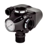 Black pressure switch with built-in gauge, designed for water pump control, adjustable 3-12 bar range.