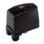 Black pressure switch with red reset button, designed for controlling air compressors and water pumps.