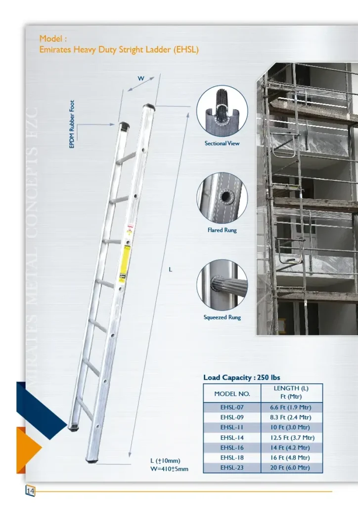 EMC Heavy Duty Aluminium Straight Ladder | EHSL 7-23 Steps UAE