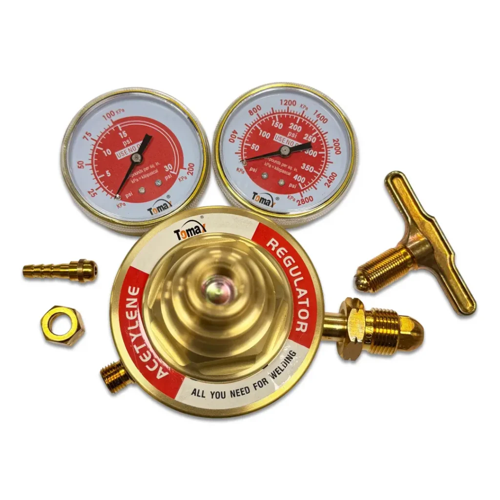 Acetylene gas regulator with dual pressure gauges and brass fittings, designed for welding applications.